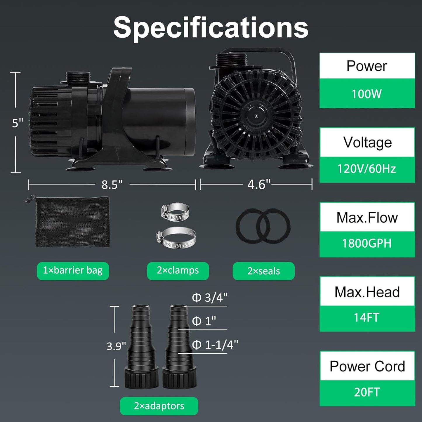 100W 1800 GPH Pond Pump for Outdoor Ponds with 180° Adjustable Outlet, Ultra-Quiet Fountain Pump with Barrier Bag & 20FT Power Cord, Waterfall Pump, UL Listed