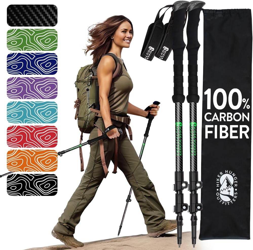 100% Carbon Fiber Trekking Poles by USA Brand - Ultra Strong Lightweight Collapsible Hiking Poles with Cork and EVA Foam Grips & Quick Adjustable Flip Locks