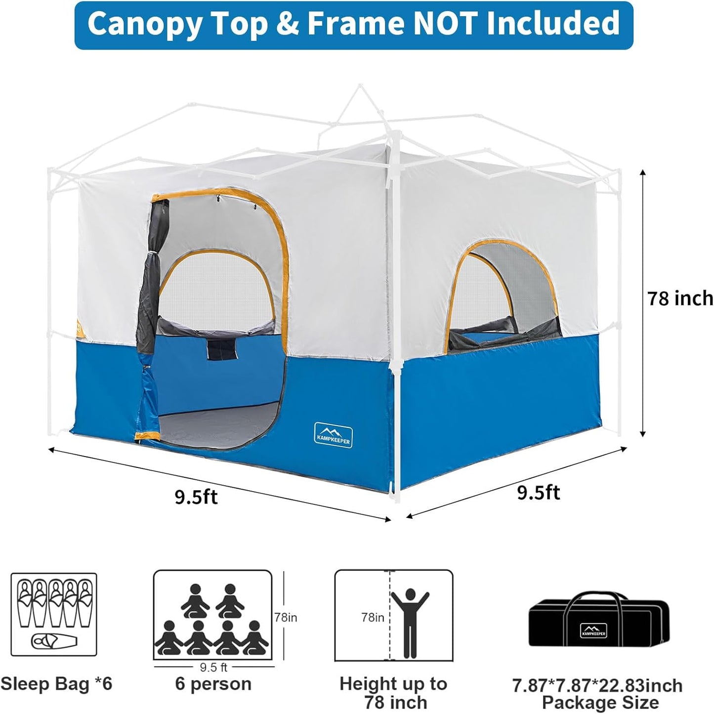 KAMPKEEPER Camping Inner Tent for Pop Up Canopy, Converts 10'x10' Straight Leg Canopy into Camping Tent–Fully Vented Roof(Top & Frame NOT Included) Light Blue