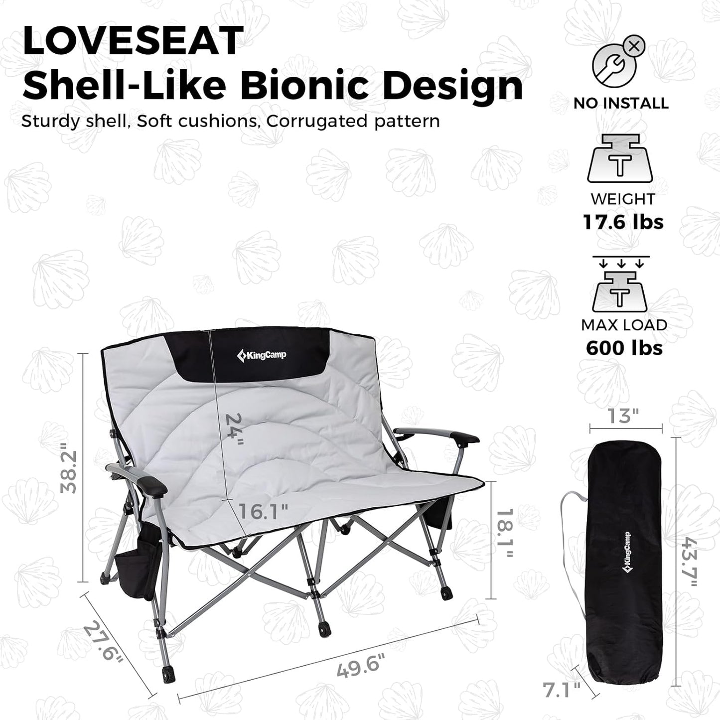 KingCamp Double Camping Chair for Adults, Oversized 2-Person Portable Folding Chair 600 lbs Heavy Duty Outdoor Loveseat with Armrest Cup Holders, Padded Seat and Back for Camping Picnic Patio