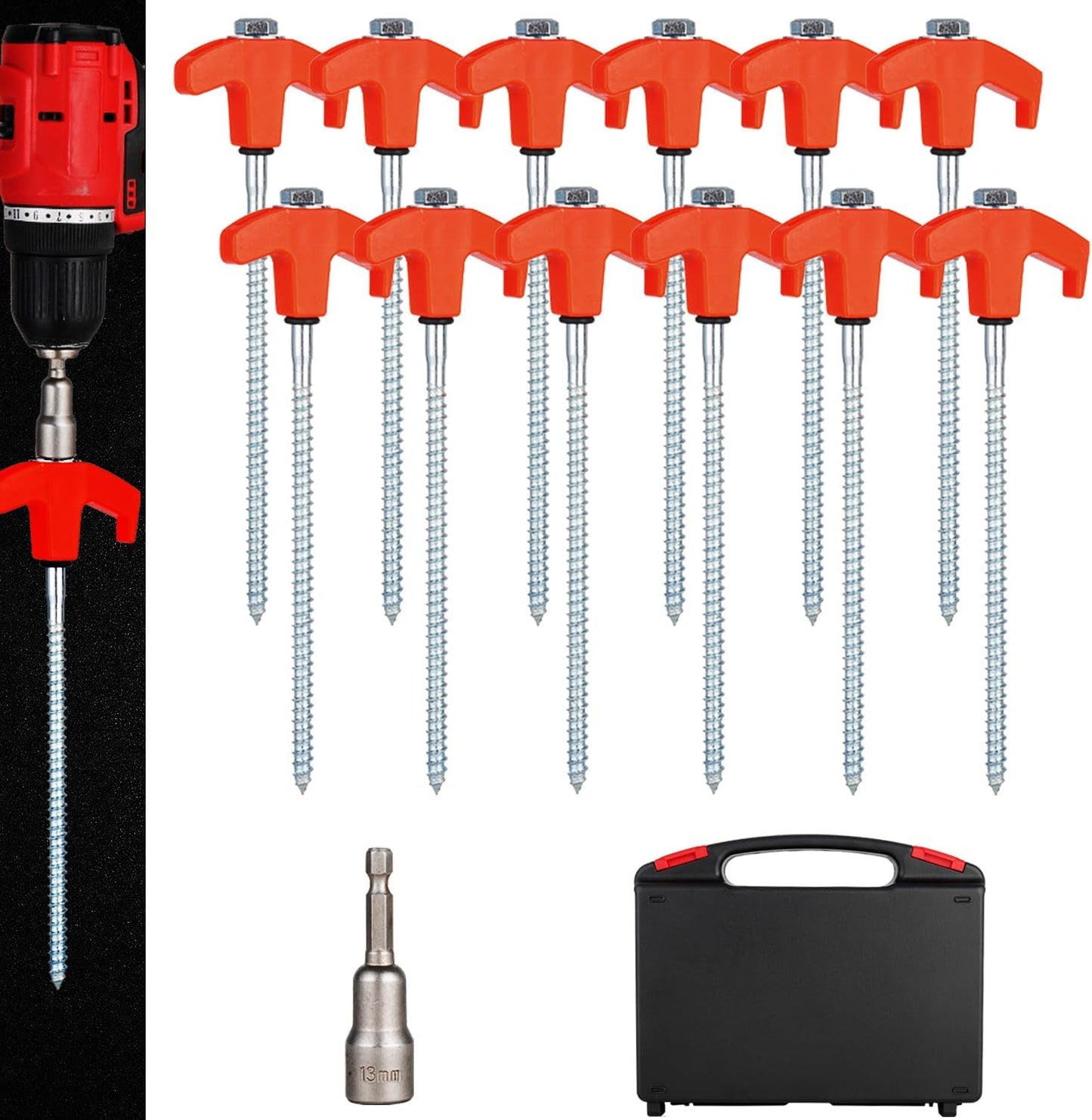 12 Pack Screw in Tent Stakes Heavy Duty,8 ’’ Ground Anchors Screw in,Metal Stakes with Hex Head Driver and Sturdy Storage Box. (12, Orange)