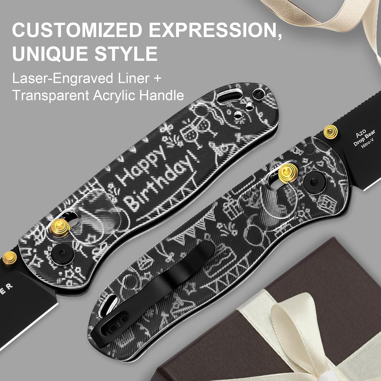 Kizer Drop Bear EDC Pocket Knife, 2.97” Nitro-V Blade Acrylic Handle Folding Knife, Birthday Gift for Father Mother Friends, Clutch Lock EDC Knives for Men Women V3619A13