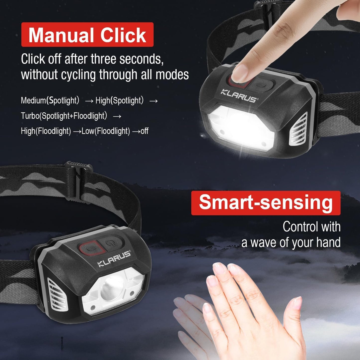 klarus HM1 IPX6 Waterproof Rechargeable Headlamp with Motion Sensor, 70 Hours Long Battery Life, Full Charge in 2.5 Hours, 440 Lumens Consistent Output, Shock and Drop Resistant