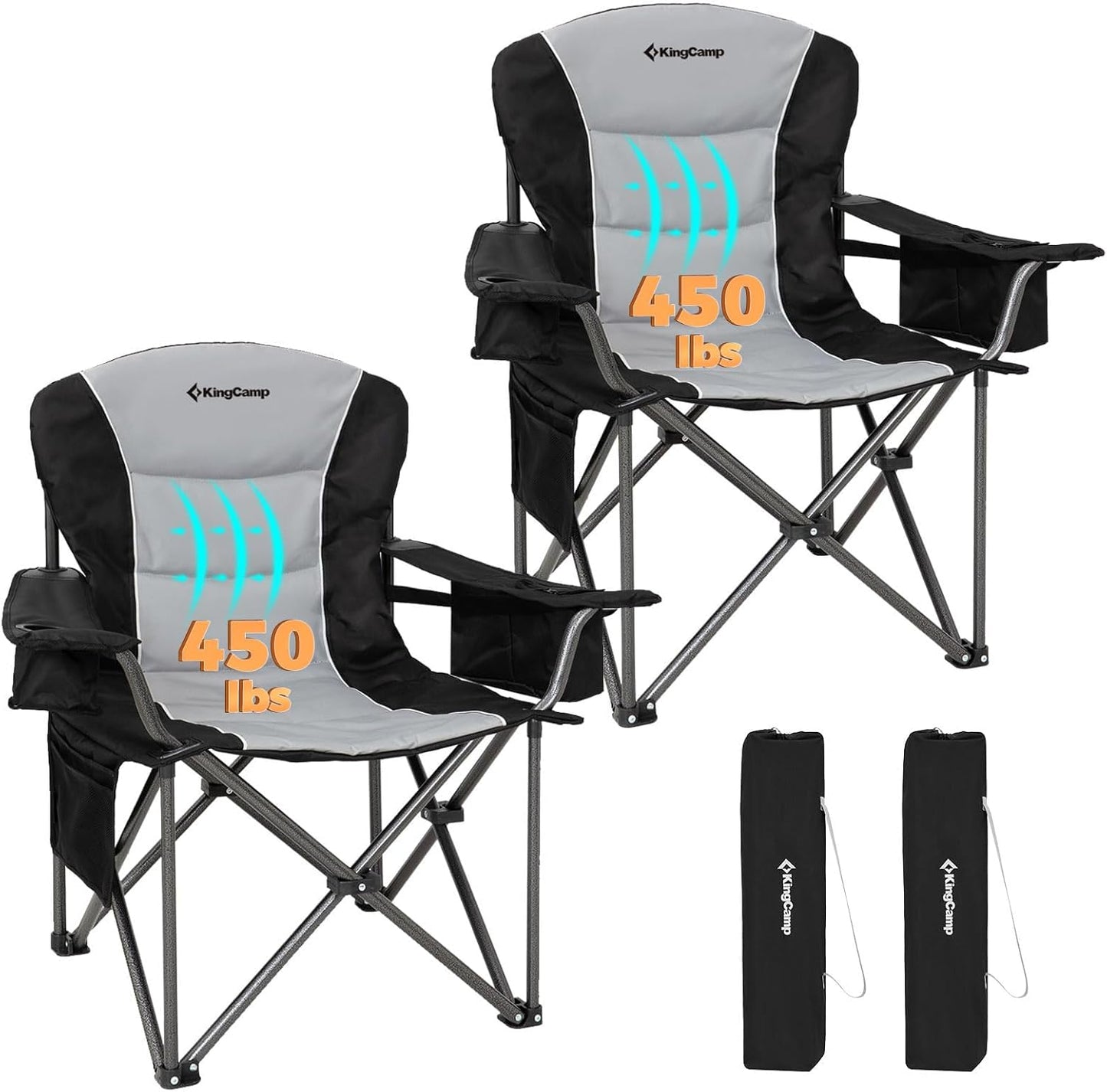 KingCamp Oversized Camping Folding Chair, Heavy Duty 450 LBS with Lumbar Support, Padded seat with Cup Holder&Cooler Bag, Ideal for Camp, Fishing, Sports Event, Backyard, Patio, Lawn