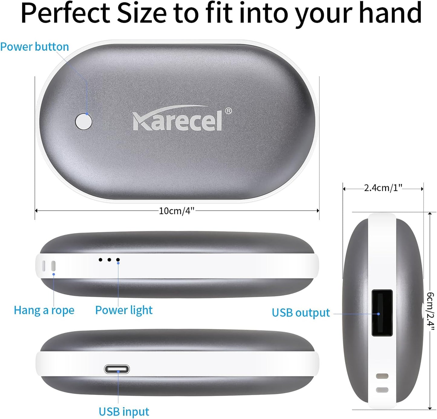 Karecel Rechargeable Hand Warmers 2 Pack, 10,400mAh Double Sided Heat Electric Hand Warmers Power Bank, Portable Pocket USB Heated Handwarmers, 4-inch Full-Surface Heat & Quick Charge, Men Tech Gifts