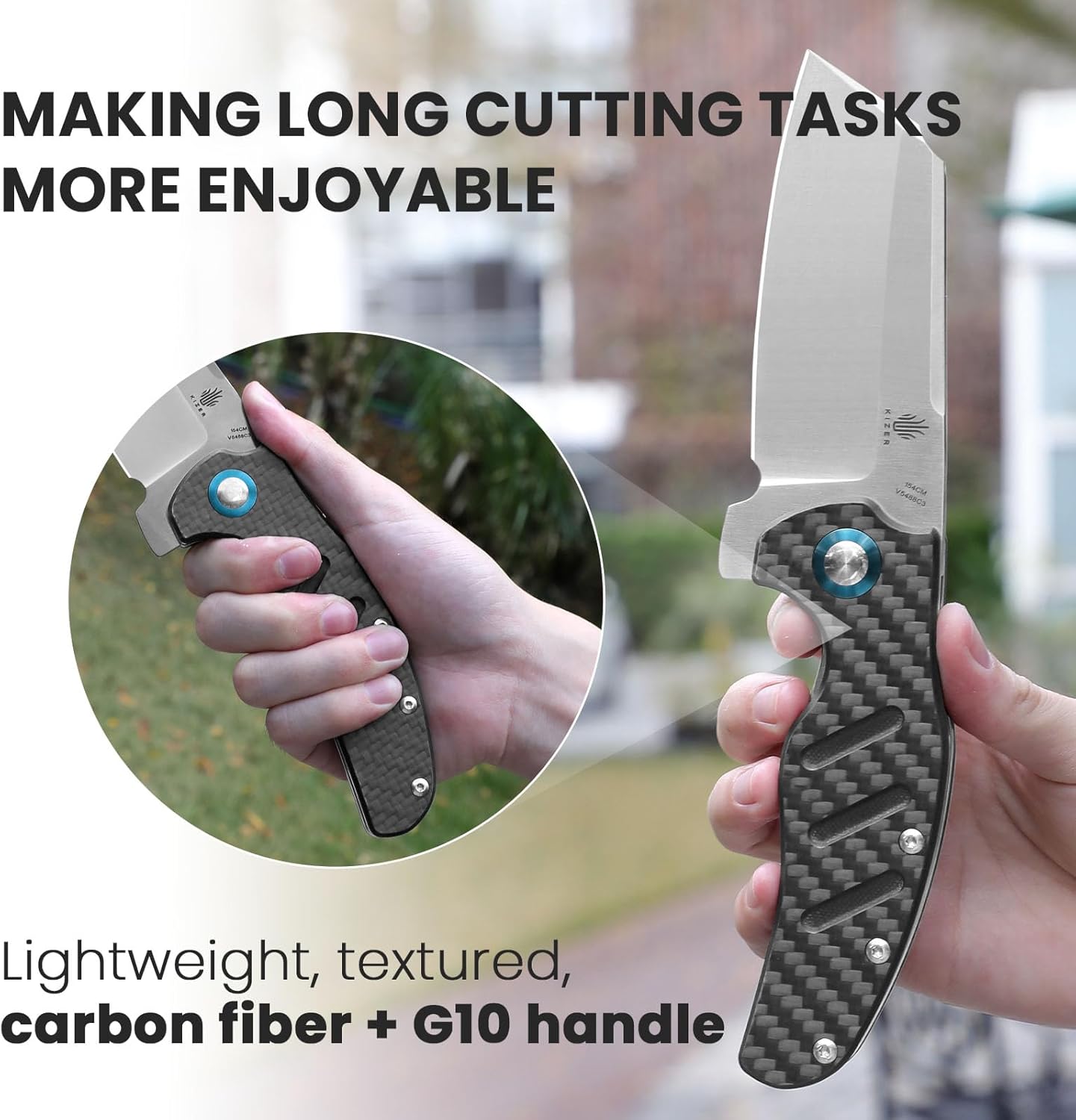 Kizer C01c (XL) Sheepdog Pocket Knife, 154CM Sheepsfoot Blade Folding Knife with Gray Carbon Fiber G10 Handle, Camping Knives with Clip for Men Women, EDC Hunting Survival Knives, V5488C3