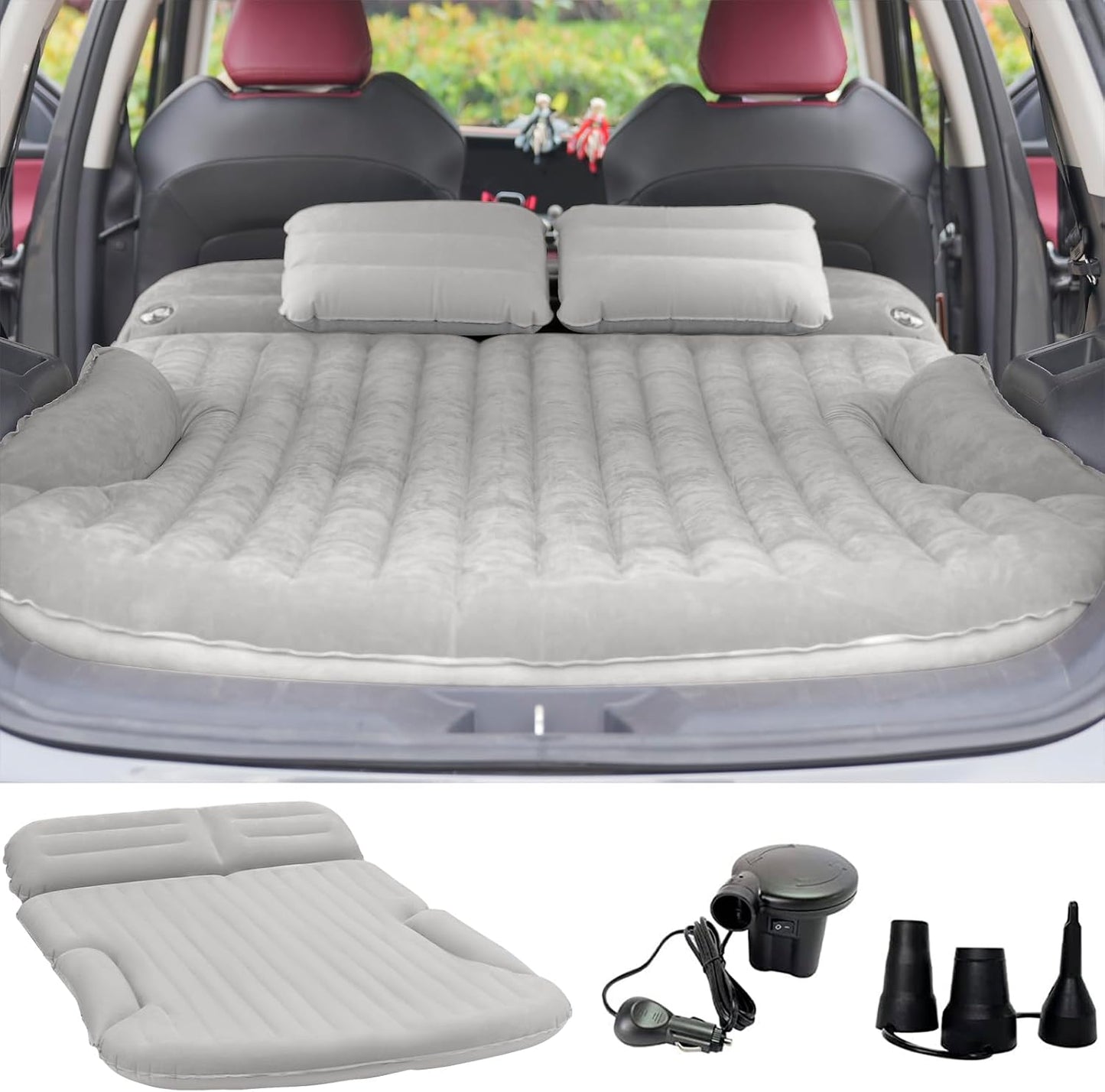 KMZ SUV Air Mattress Thickened and Double-Sided Flocking Travel Camping Bed with 2 Pillows & Electric Pump Dedicated Mobile Cushion Inflatable Bed for SUV Trunk and Rear Seat (Light Gray)