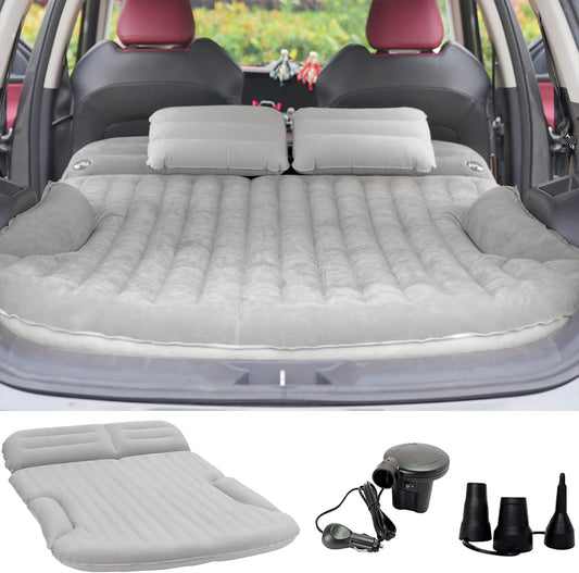 KMZ SUV Air Mattress Thickened and Double-Sided Flocking Travel Camping Bed with 2 Pillows & Electric Pump Dedicated Mobile Cushion Inflatable Bed for SUV Trunk and Rear Seat (Light Gray)