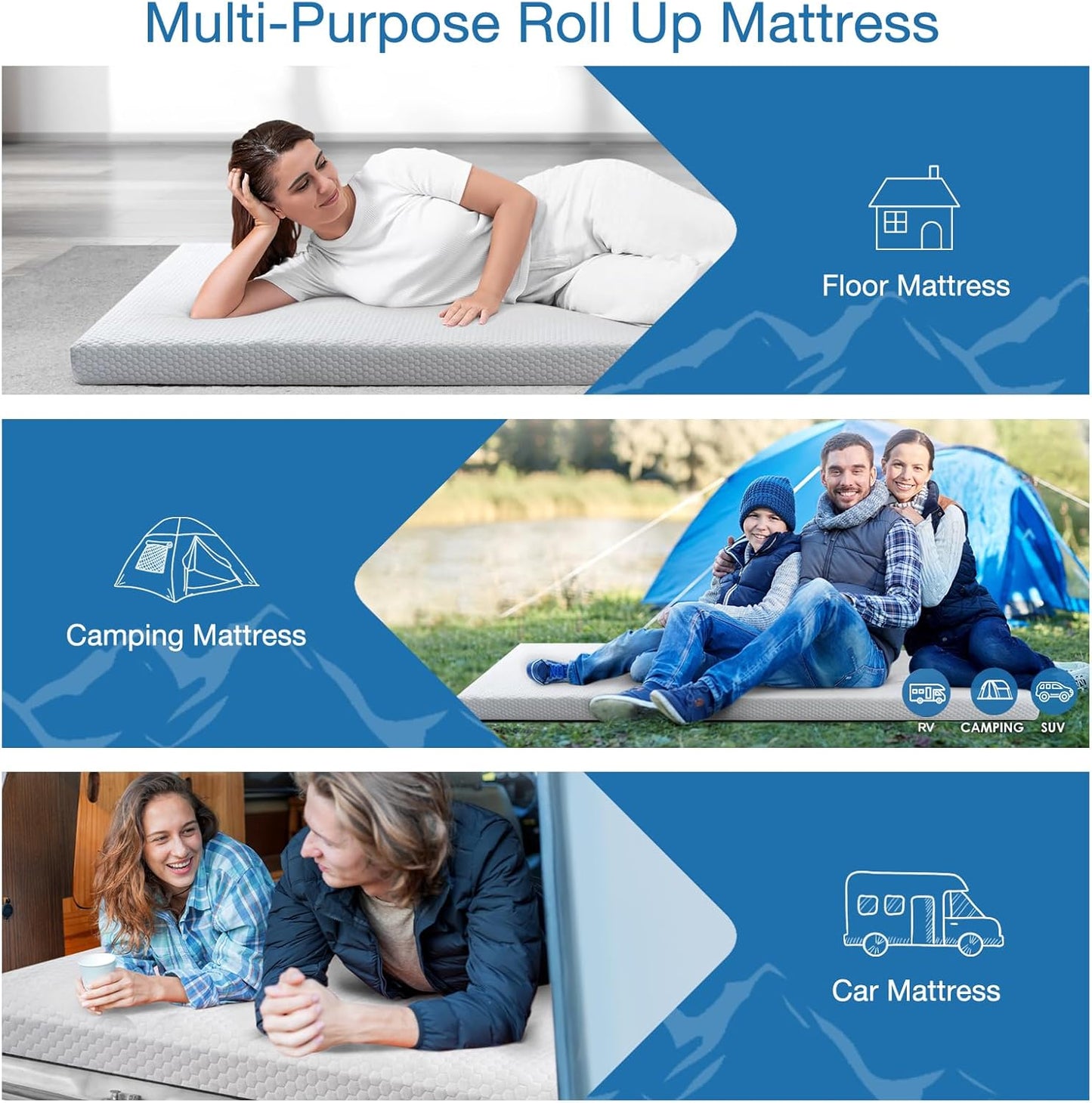 KingChii Memory Foam Camping Mattress, Portable Roll Up Sleeping Pad for Road Trip, Floor Mat Roll Up Futon Mattress for Guests Sleepoverr