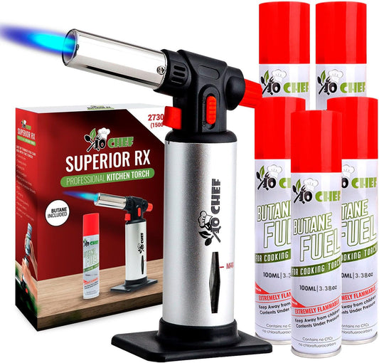 Jo Chef Kitchen Torch with Butane Included – Refillable Lighter with Safety Lock & Adjustable Flame, Blow Culinary Torch for Cooking, BBQ, Creme Brulee, DIY and Soldering - 5 Cans (3.38oz) Included