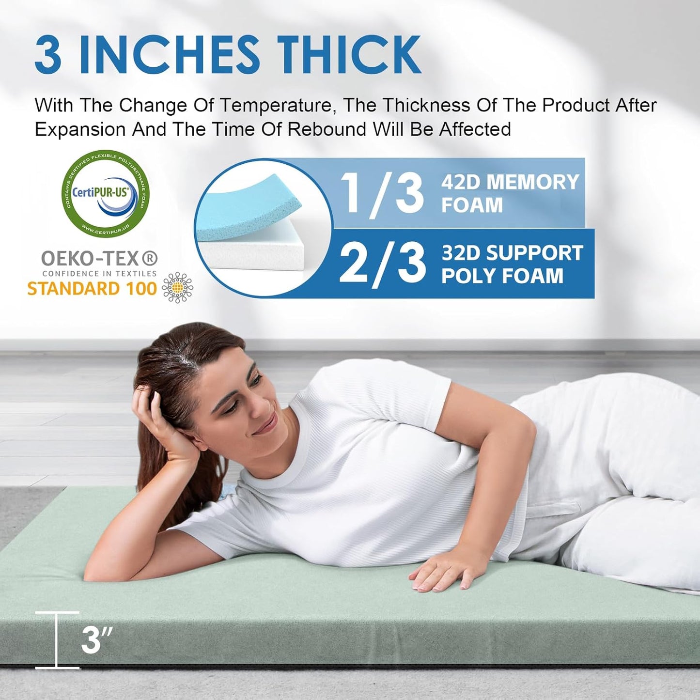 KingChii CertiPUR-US Memory Foam Camping Mattress, Portable Roll Up Travel Car Camping Mattress Sleeping Pad & Floor Mattress, Cot Mattress Guest Bed for Sleepover with Waterproof Cover & Travel Bag