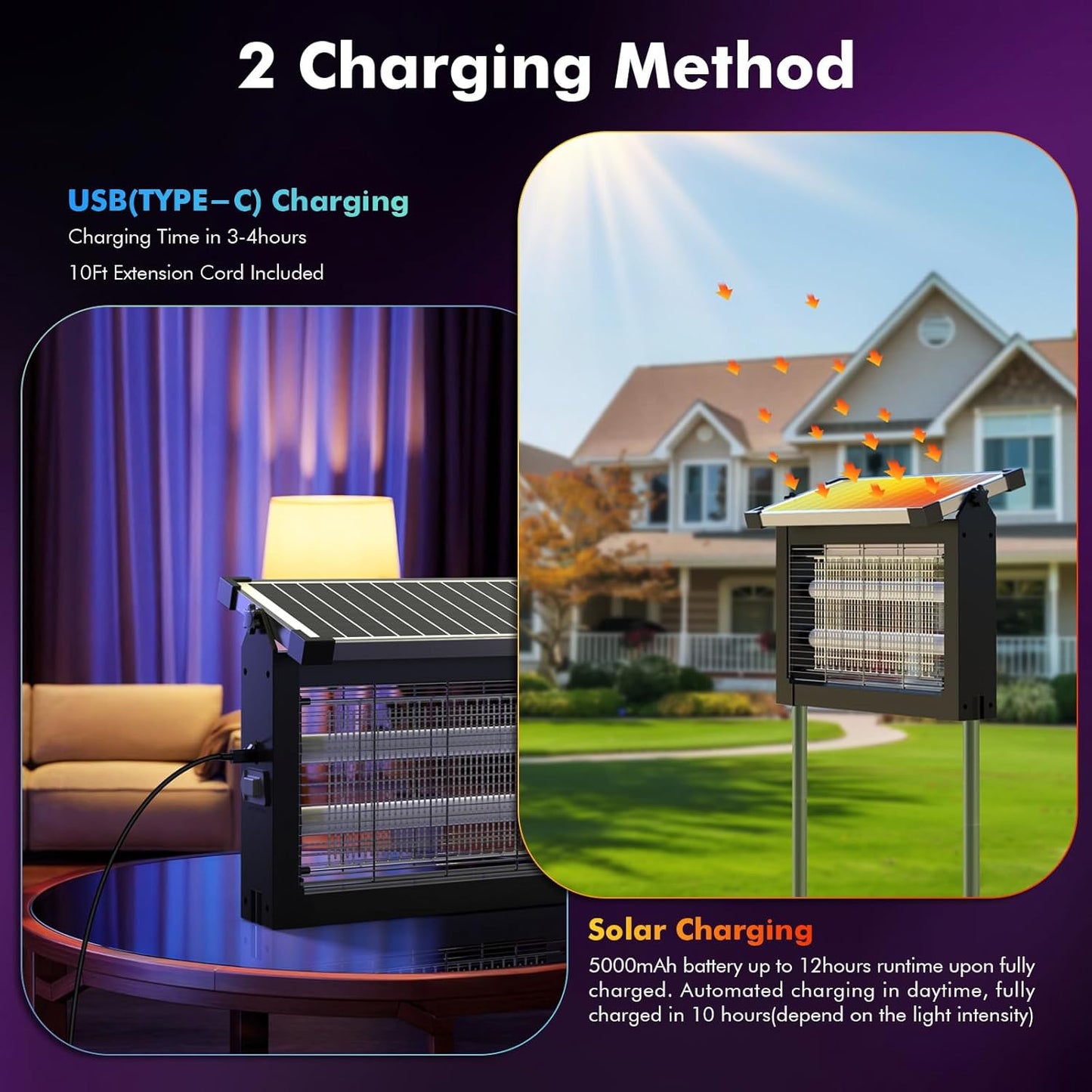 okk Solar Bug Zapper Outdoor, 4500V Mosquito Zapper Outdoor Fly Killer with 10W Adjustable Solar Penal, Waterproof, Rechargeable, Portable Electric Fly Trap for Patio, Garden, Backyard, and Camping