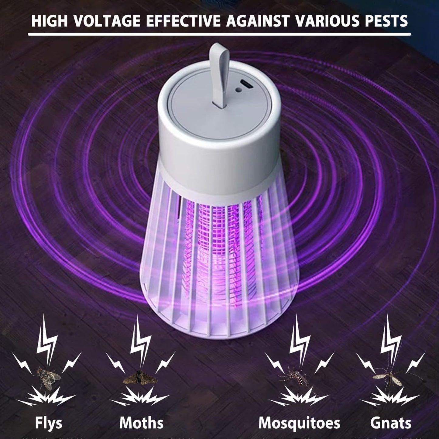 Bug Zapper Rechargeable, Hangable Mosquito Killer Lamp - Portable UV Insect Gnat Trap for Outdoor/Indoor, USB-Powered with Grid for Camping, Bedroom, Patio, Kitchen