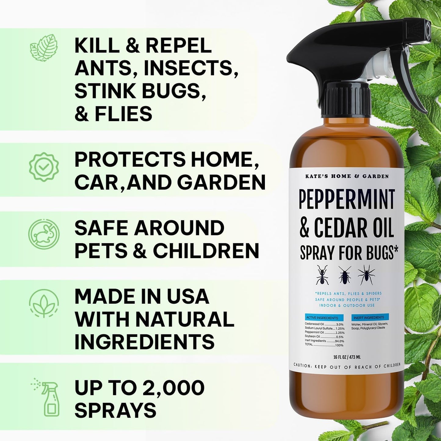 Kate's Home & Garden Peppermint Oil Spray for Bugs, Ants, Insects, Spiders, Roaches, Stink Bug. Pesticide and Insecticide Indoor Repellent Pest Control with Cedar Oil (16oz, Natural, Non Toxic)