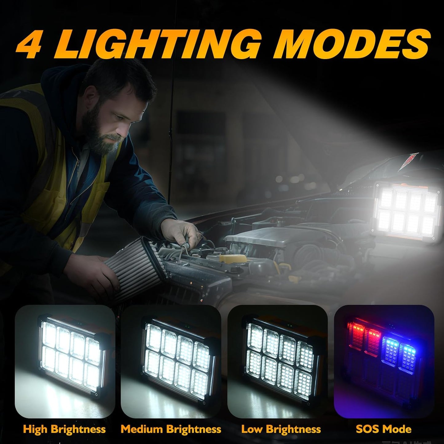 120W Solar Rechargeable Work Light, 144 LED 10000LM Led Work Light with 4 Modes, Portable Flood Light with Stand, IP66 Waterproof Outdoor Working Light for Emergency Mechanic Camping Repair (Yellow)