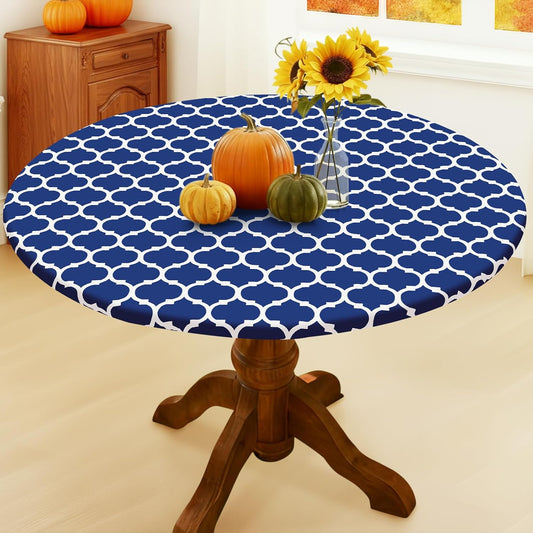 Smiry Round Picnic Tablecloth, Waterproof Elastic Fitted Table Covers for 45" - 56" Tables, Wipeable Flannel Backed Vinyl Tablecloths for Camping, Indoor, Outdoor, Navy & White