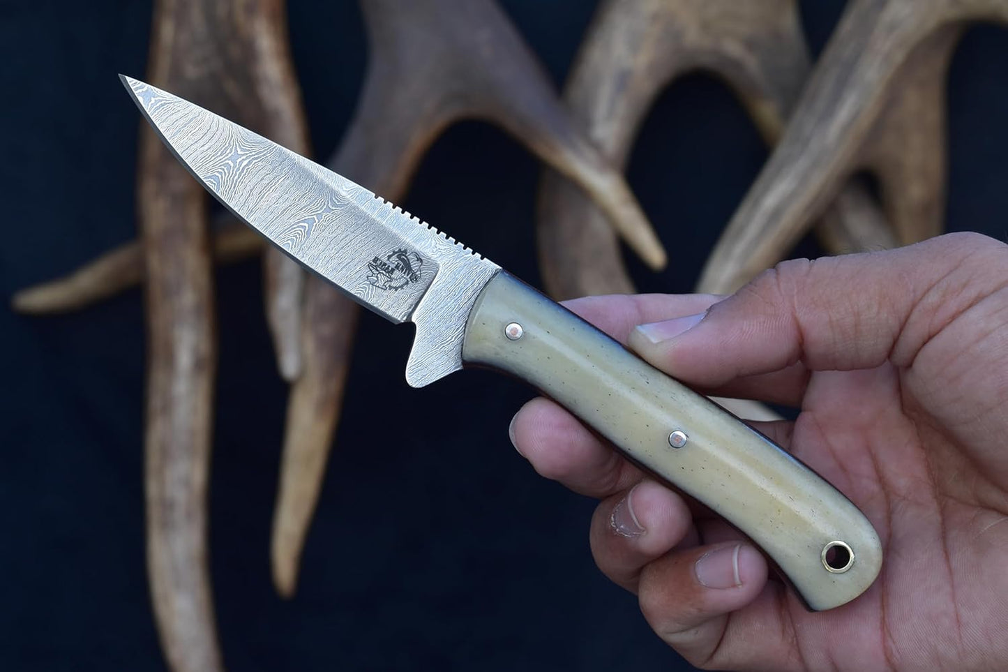 Knives Ranch 7" Full Tang EDC Hunting Knife - Damascus Steel - Excellent Edge Retention - Bone Handle - Horizontal Carry Leather Sheath Snug Fit (3056-B)