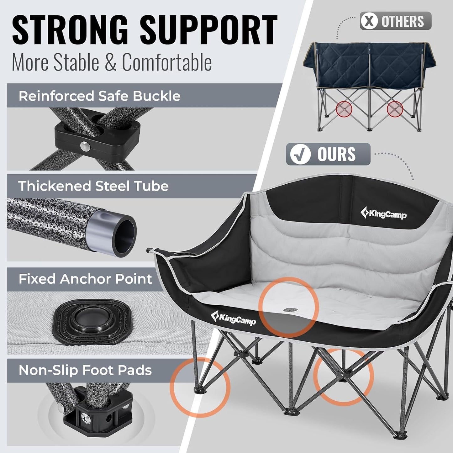 KingCamp Double Camping Chair, Oversized Heavy Duty 550lbs Loveseat for Adults Portable Folding XL 2 Person Couch Padded Comfortable Two Seat with Cup Holder for Outdoor Lawn Backyard, Black/Grey