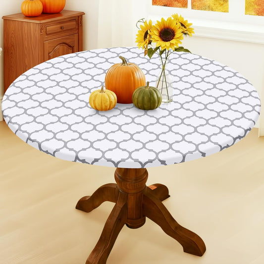 Smiry Round Picnic Tablecloth, Waterproof Elastic Fitted Table Covers for 57" - 68" Tables, Wipeable Flannel Backed Vinyl Tablecloths for Camping, Indoor, Outdoor, White & Dark Grey