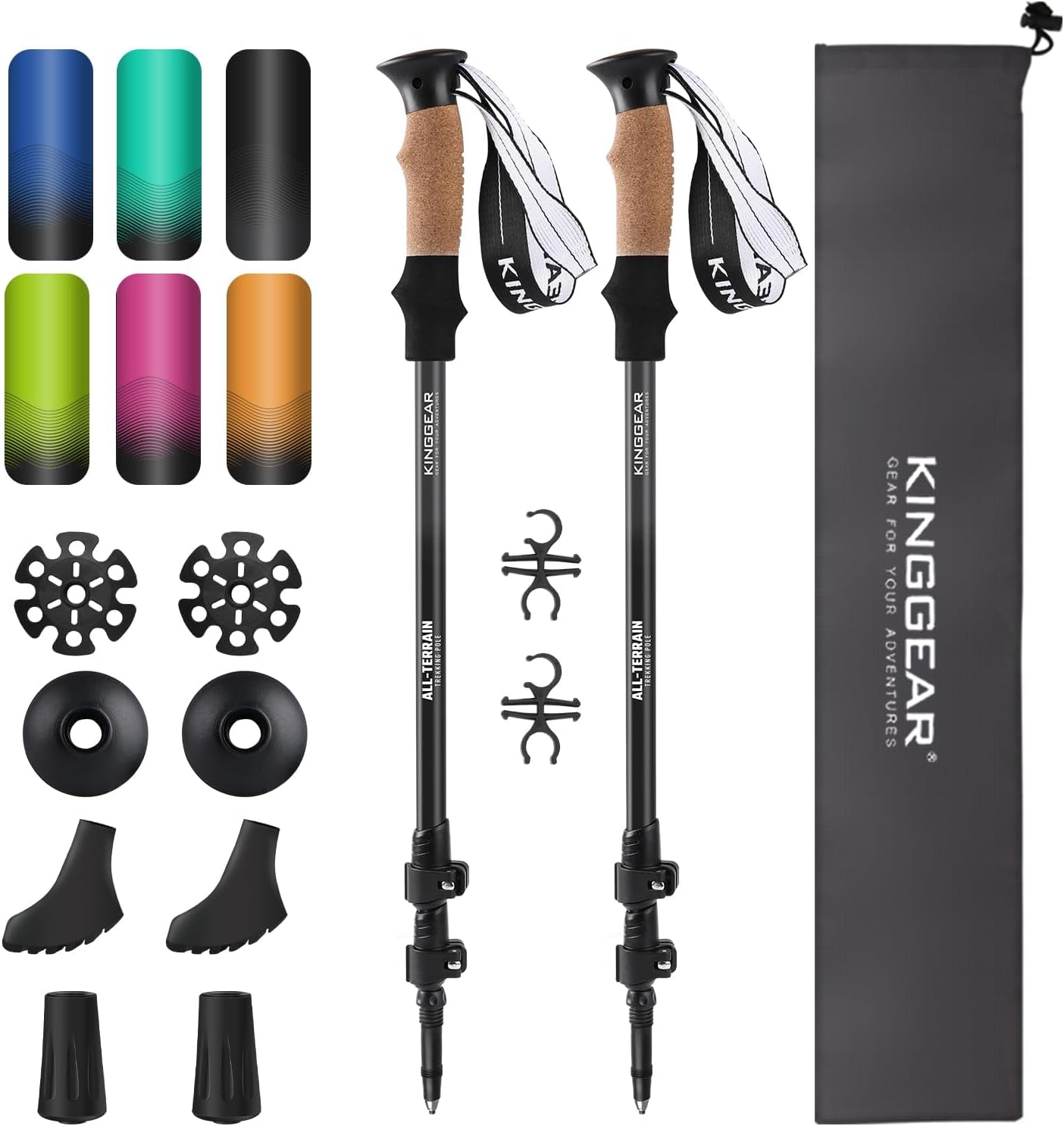 KINGGEAR Nordic Walking Stick, TP1 Hiking Poles Retractable Lightweight 7075 Aluminum, Trekking Poles with Flip Lock, Natural Cork and EVA Grip, 2pc Hiking Gear