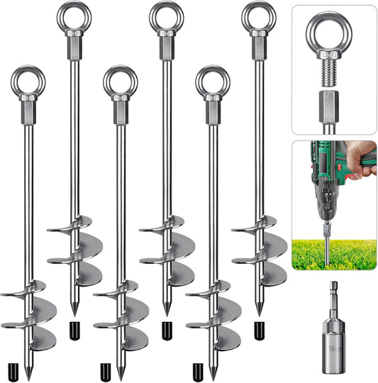 18'' Ground Anchors Screw in Heavy Duty 12mm Solid Steel, 3" Spiral Blade with Smooth Edges, Fully Welded Design for Mobile Home, Shed, Trampoline, Swing Set, Carport, Earth, Tent, 6Pack