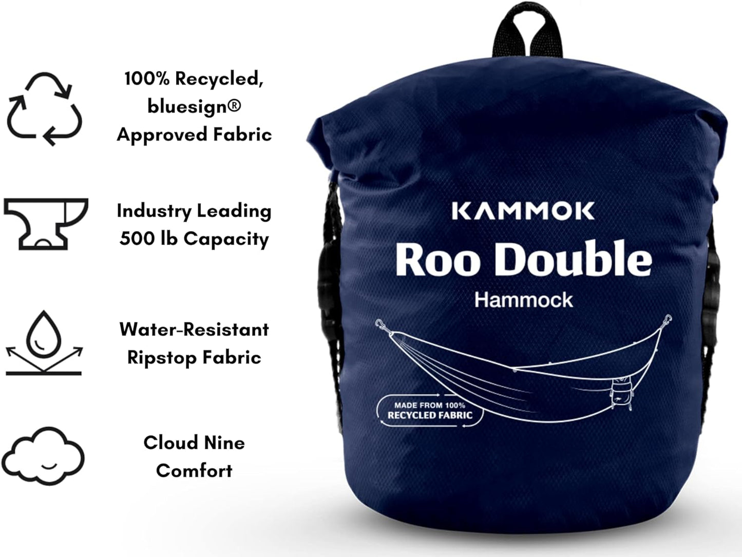 KAMMOK: Roo Double Hammock | Made from Strong & 100% Recycled Water Resistant Ripstop Fabric | Comfortable, Packable, Lightweight (Lifetime Adventure Grade Warranty), Midnight Blue