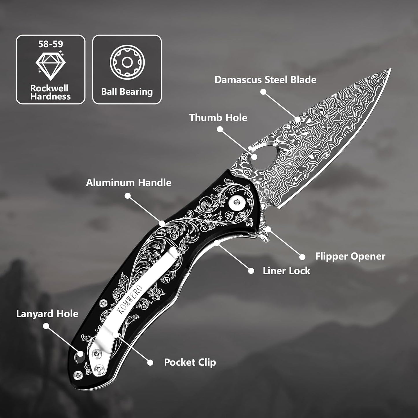 KOMWERO Damascus Pocket Knife with 2.95" VG10 Steel Blade, Folding Knife with Aluminum Alloy Non-Slip Handle, EDC Knife with Leather Sheath and Pocket Clip for Men Women Camping Survival Hiking