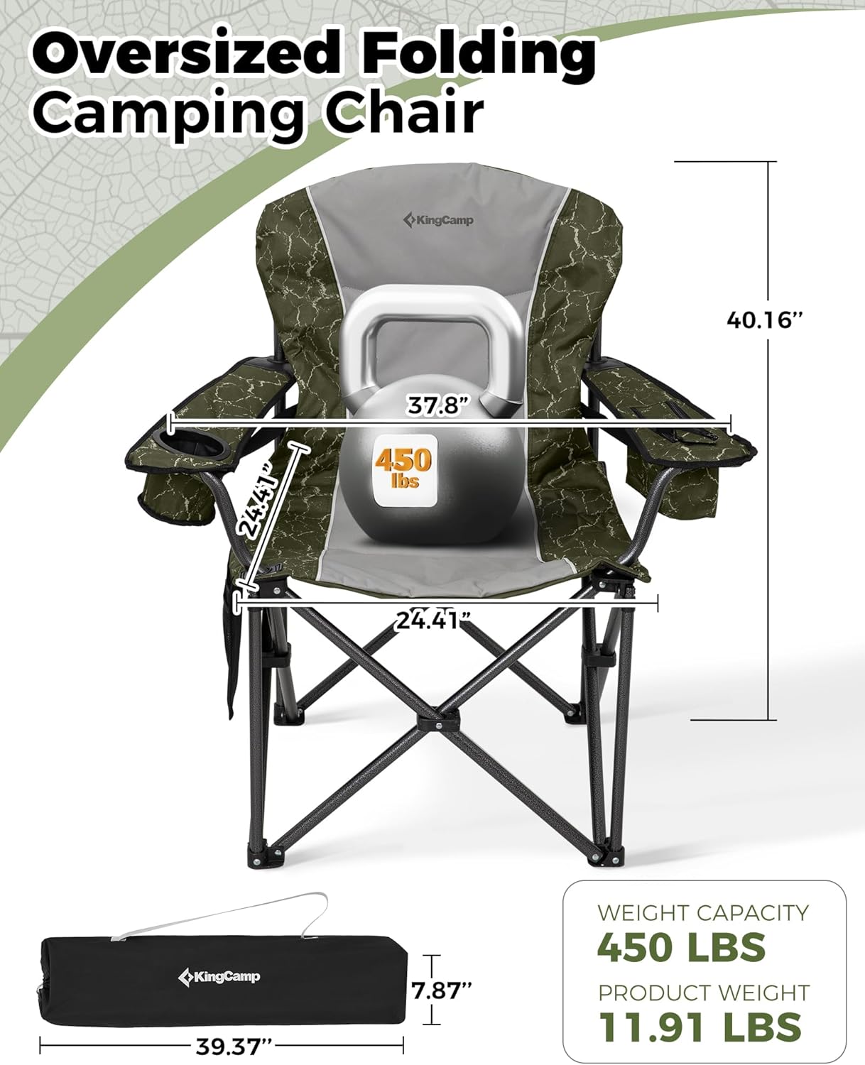 KingCamp Oversized Camping Folding Chair, Heavy Duty 450 LBS with Lumbar Support, Padded seat with Cup Holder&Cooler Bag, Ideal for Camp, Fishing, Sports Event, Backyard, Patio, Lawn