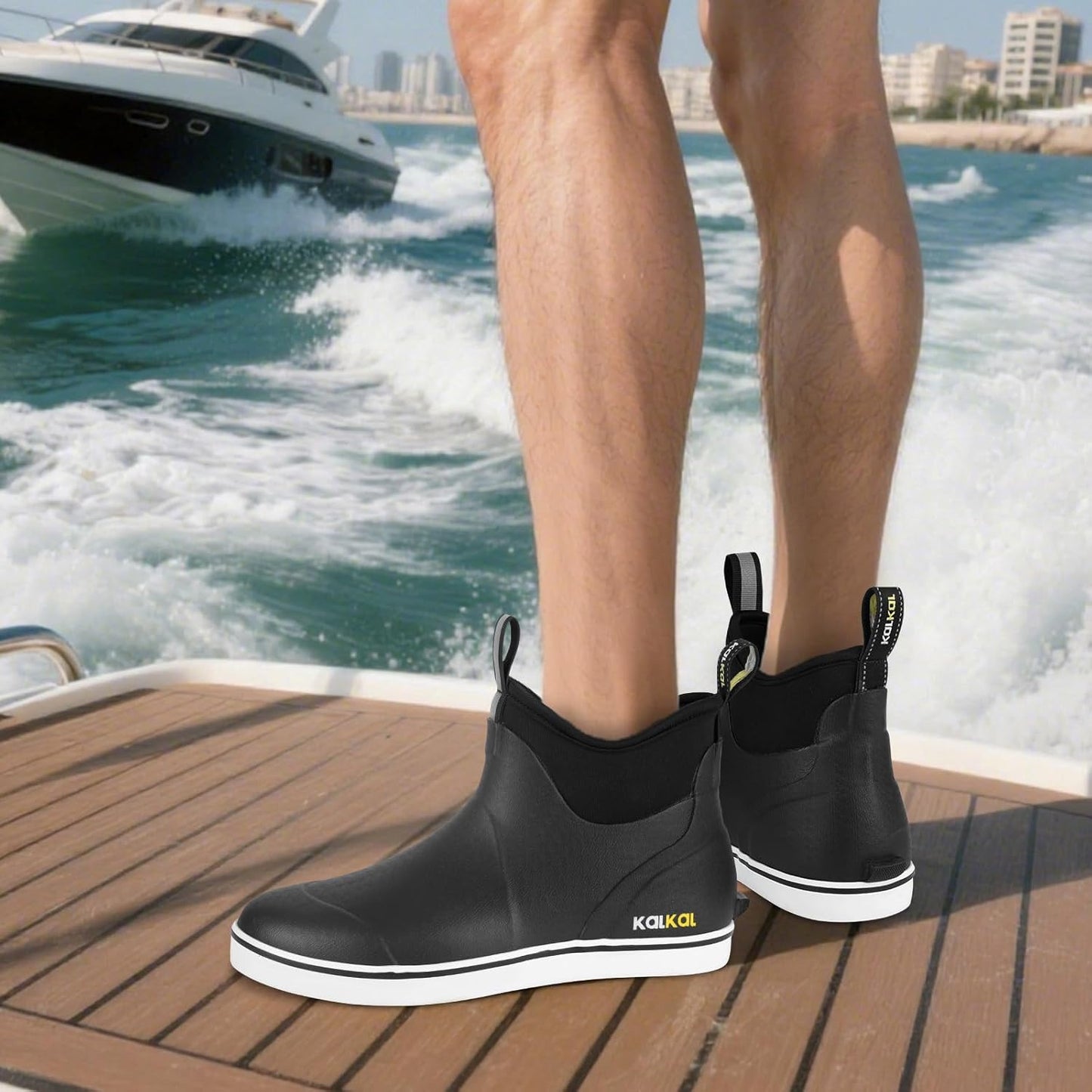Kalkal Men's Deck Boots, Waterproof Fishing Rain Boots with High Traction, Men's Rubber Boots For Gardening Fishing Boating Camping Sailing