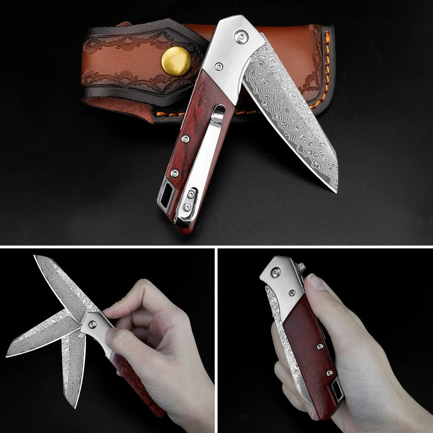KOMWERO Damascus Pocket Knife with Clip Leather Sheath, 3.14 inch Sharp Damascus Steel Knife with Rosewood Handle, EDC Damascus Folding Knife for Men Women Camping Collection