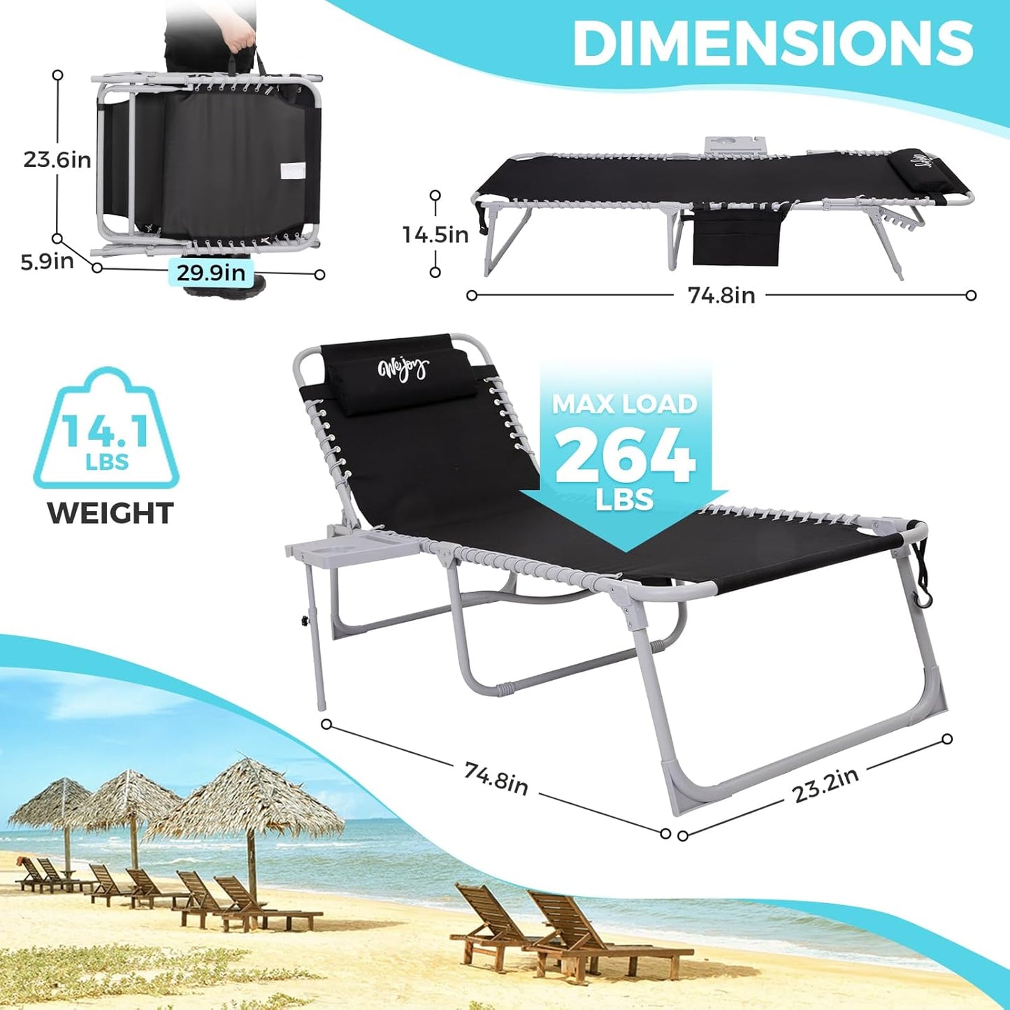 #WEJOY 2 Pack Outdoor Chaise Lounge Chair - Portable Folding Patio Pool Lounge Chair, 5 Positions Adjustable Reclining Camping Chair with Side Table,Shoulder Strap, Pillow for Beach Sunbathing Lawn
