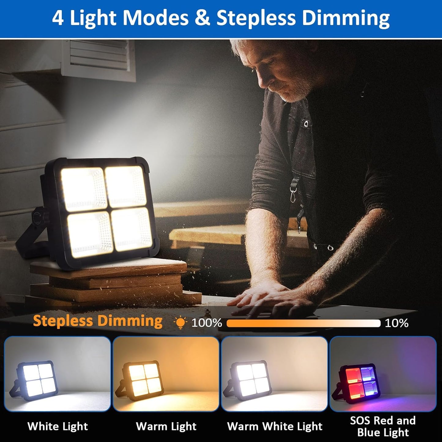 100W Rechargeable Work Light, 12000mAh Solar Work Light, 336 LEDs Flood Light, 4 Lighting Modes/Stepless Dimming, Portable for Camping, Car Repair, Power Cut