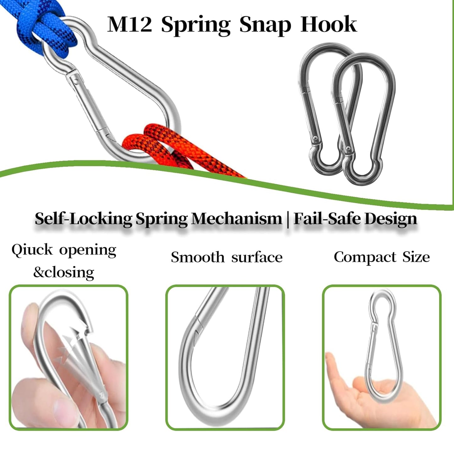 12Pack 5.5 Inch 12MM 1/2” Spring Snap Hook Carabiner Clips, Heavy Duty Large Chain Link Clip Hooks for Swing, Hammock, Gym, Outdoor – Carabiner Clips Heavy Duty for Boating, Fitness, Camping