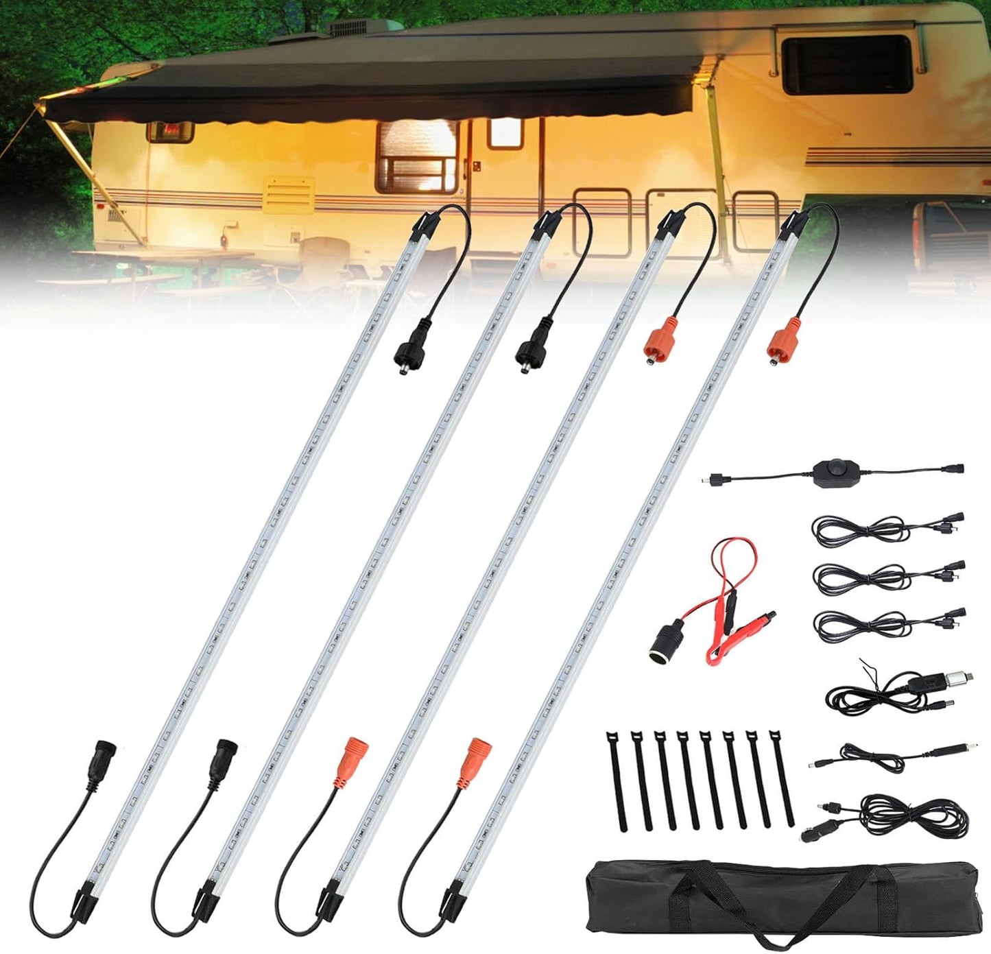 12V LED Interior Light Bar Kit Dimmable IP67 Waterproof Camping String Lights, Aluminum Magnetic Mount Exterior Lights,Portable Lighting for RV, Camping Tent Car Trailer Boat (4 Pack)