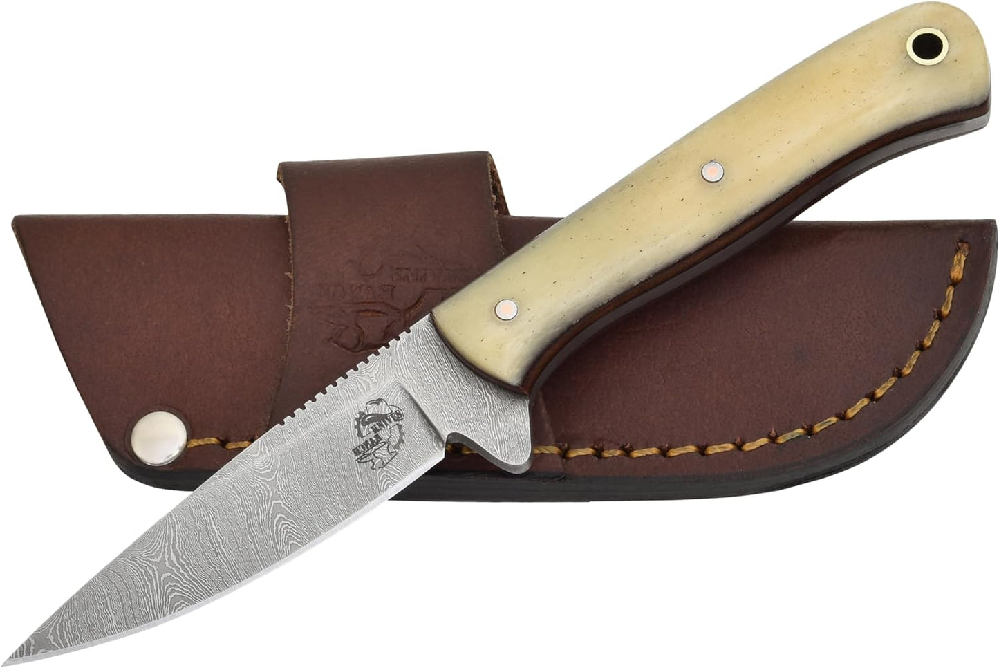 Knives Ranch 7" Full Tang EDC Hunting Knife - Damascus Steel - Excellent Edge Retention - Bone Handle - Horizontal Carry Leather Sheath Snug Fit (3056-B)