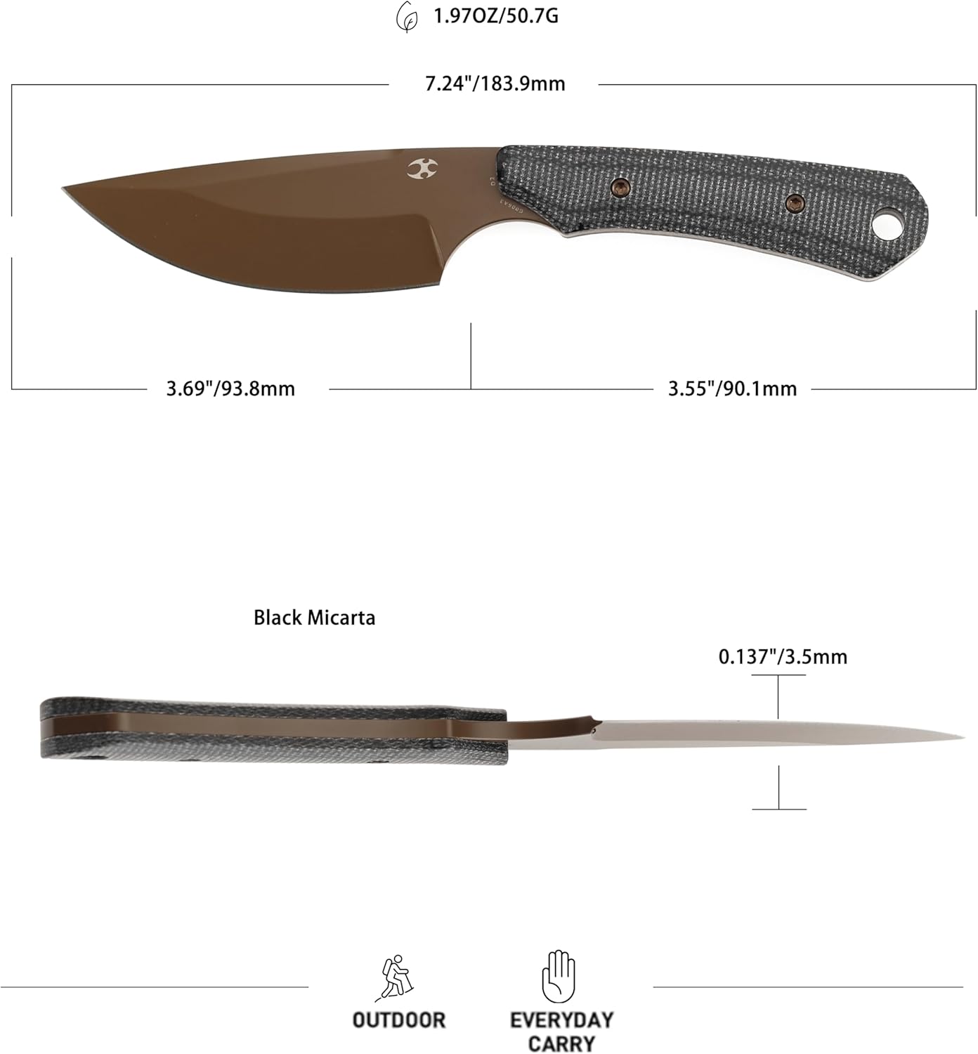 KANSPET Flank Fixed Blade Knife, 3.69" Rose Gold Coated Sharp D2, Black Micarta Ergonomics Handle, Adjustable Kydex Sheath for EDC Hunting Survival Camping G006A3
