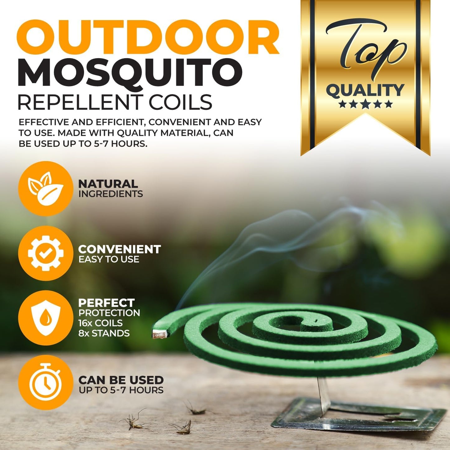 Mosquito Repellent Coils - Outdoor Use Reaches Up to 10 feet - Each Coil Burns for 5-7 Hours (Four in Each Pack Contains Total 16 coils & 8 Coil Stands)