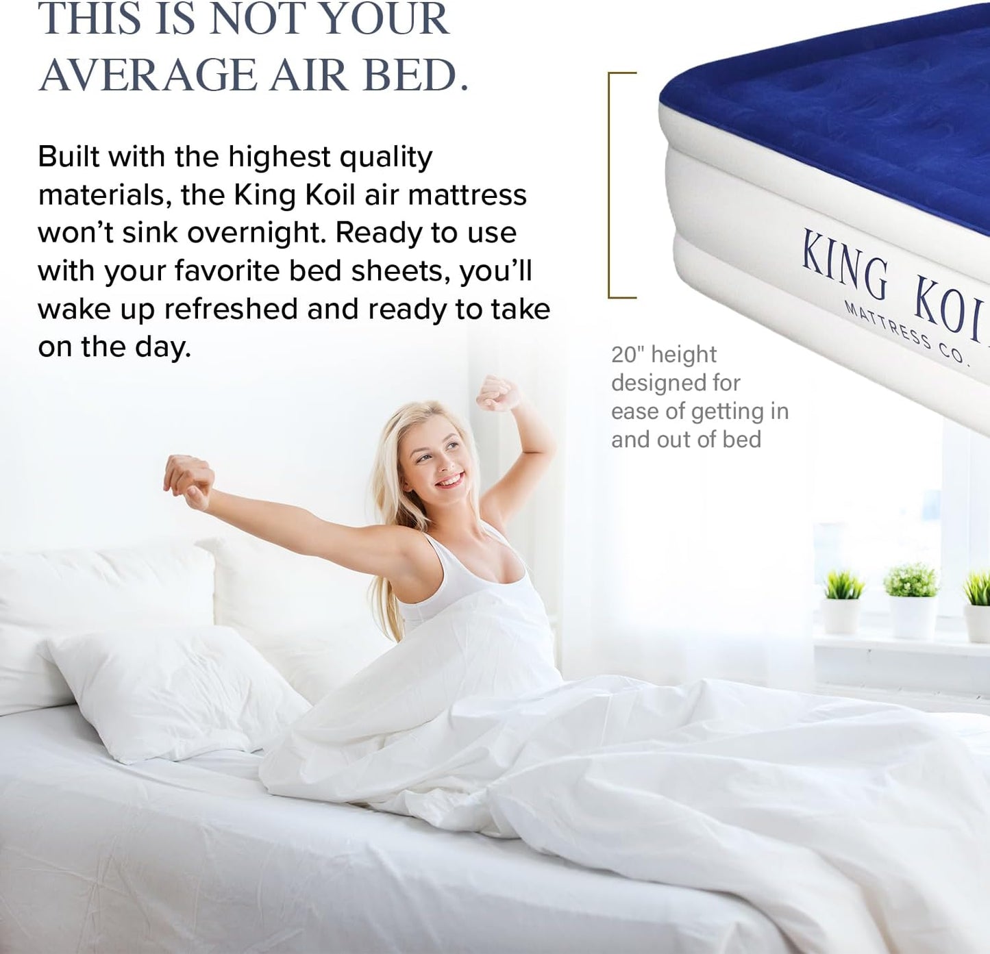 King Koil Luxury Twin Air Mattress with Built-in Pillow Top & Integrated High-Speed Patented Pump – 20" Inflatable Twin Blow Up Airbed for Camping, Home & Guests, Waterproof, 1-Year Warranty