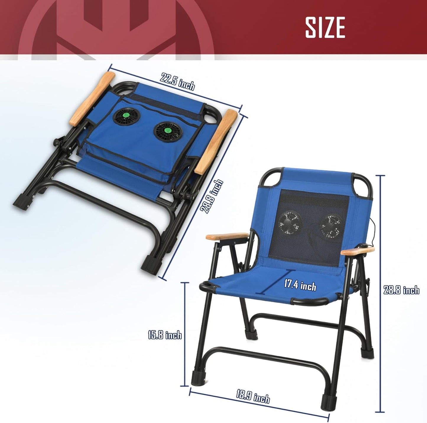 KNINE OUTDOORS Foldable Beach Chair Camping Chair with Fan, with USB-Powered Cooling System, for Camp, Beach, Fishing (Blue)