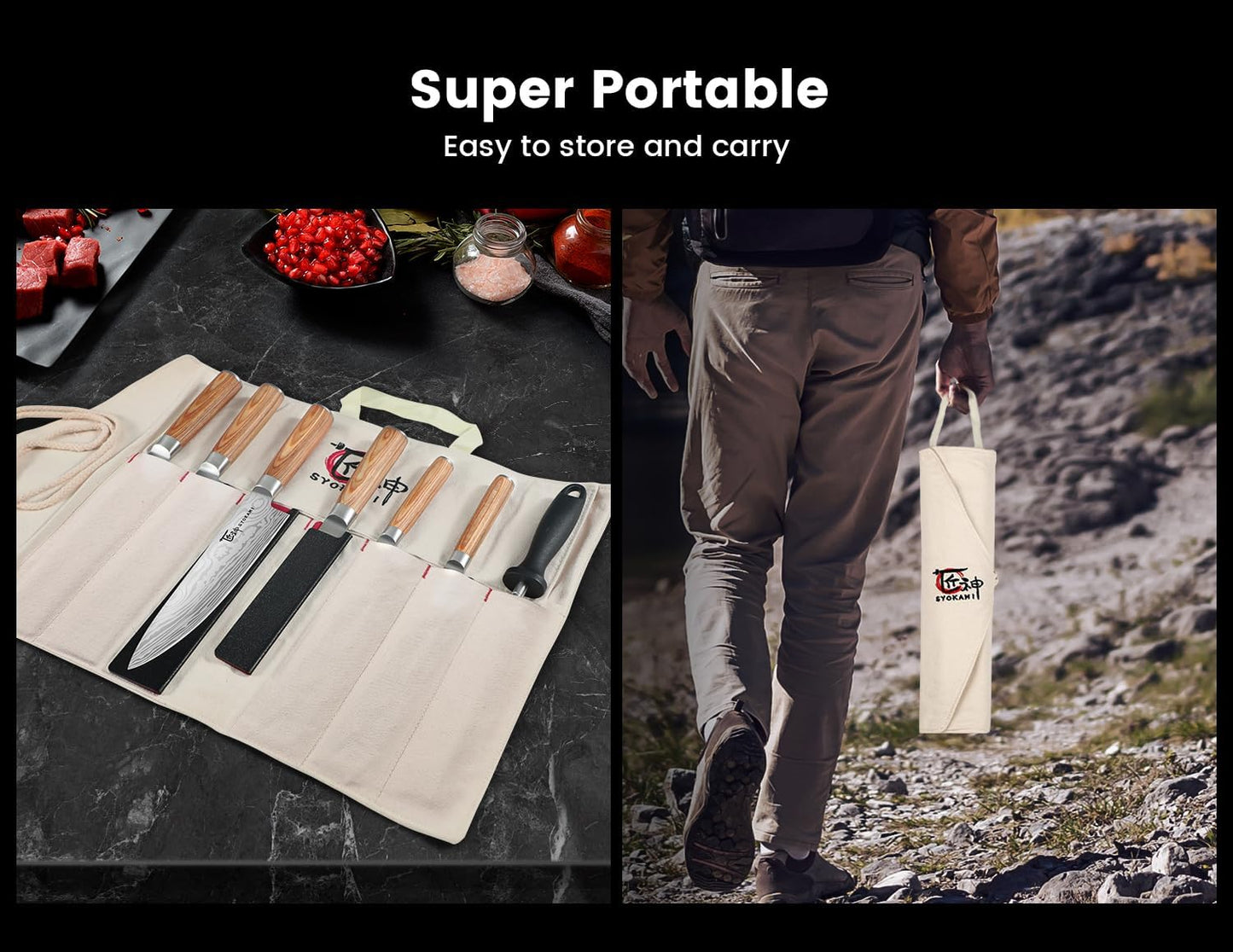 14pcs Chef Knife Set with Roll Bag, Professional Stainless Steel Japanese Knife Set with Pakkawood Handle for Professional Chef, Camping, Travel, BBQ, RV or Gift Beige