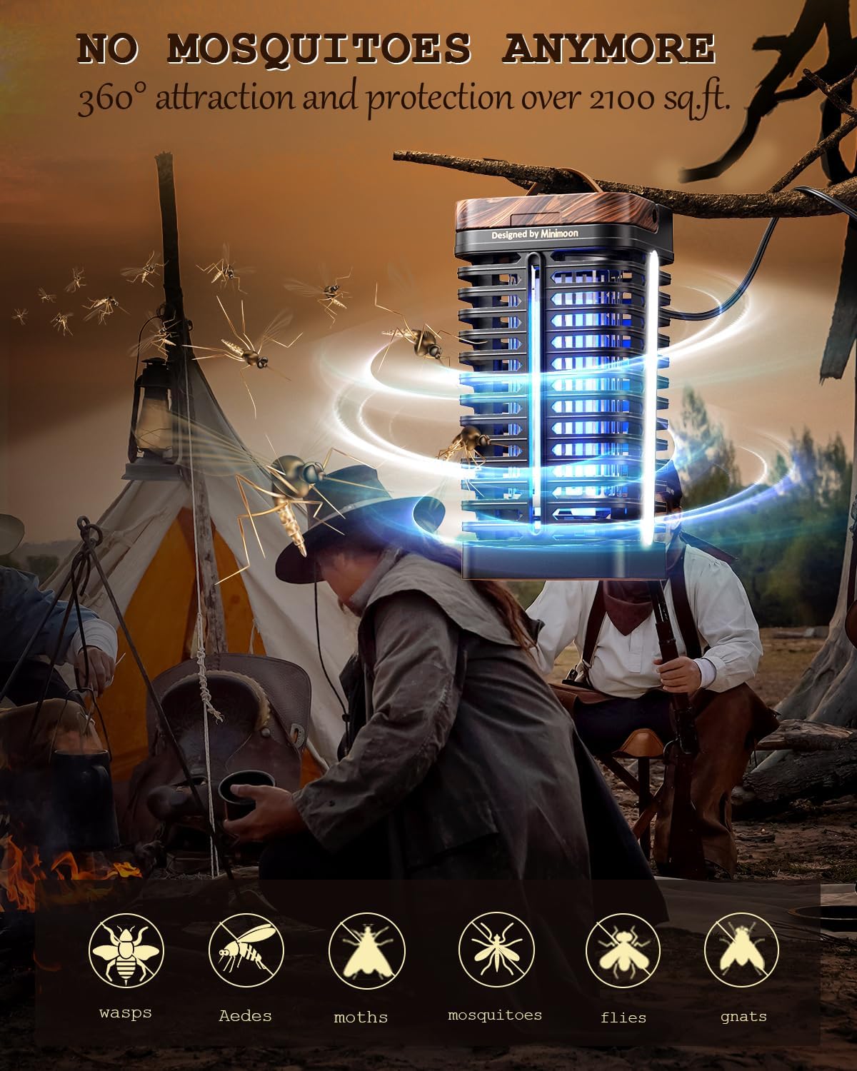 Minimoon Bug Zapper Outdoor with Dual LED Lights, 15W Mosquito Zapper 4200V Electric Fly Trap, Western Theme, IPX4 Waterproof, 5.9 Ft Cord, Fly Zapper for Backyard, Patio, Indoor