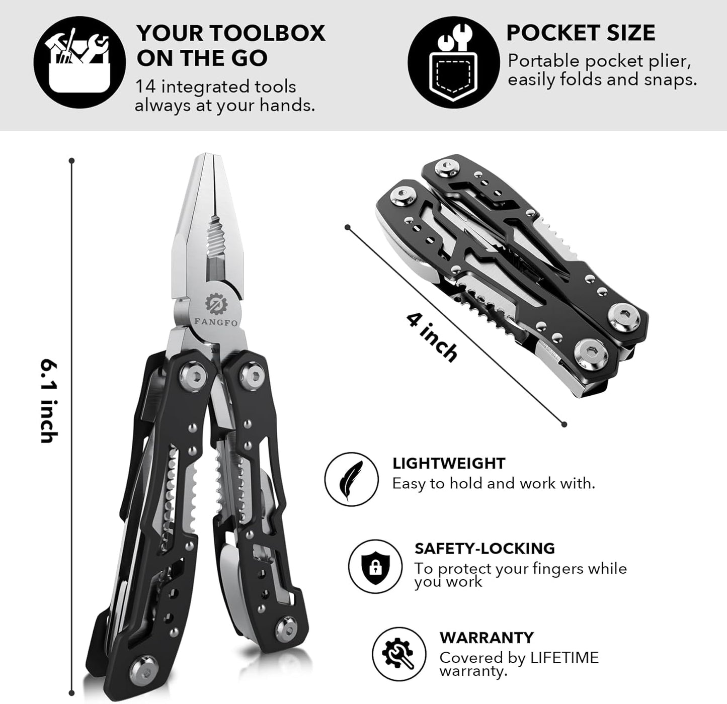 14-In-1 Multitool with Safety Locking, Professional Stainless Steel Multitool Pliers Pocket Knife, Bottle Opener, Screwdriver with Nylon Sheath ，Apply to Survival,Camping, Hunting and Hiking