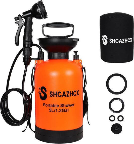 1.3 Gallon/5L Portable Shower with 10 Spray Modes, No Power Needed, Multi-use Sprayer for Camping & Beach Shower, Hiking, Pet Bath, Car Washing, Plant Spraying, Orange
