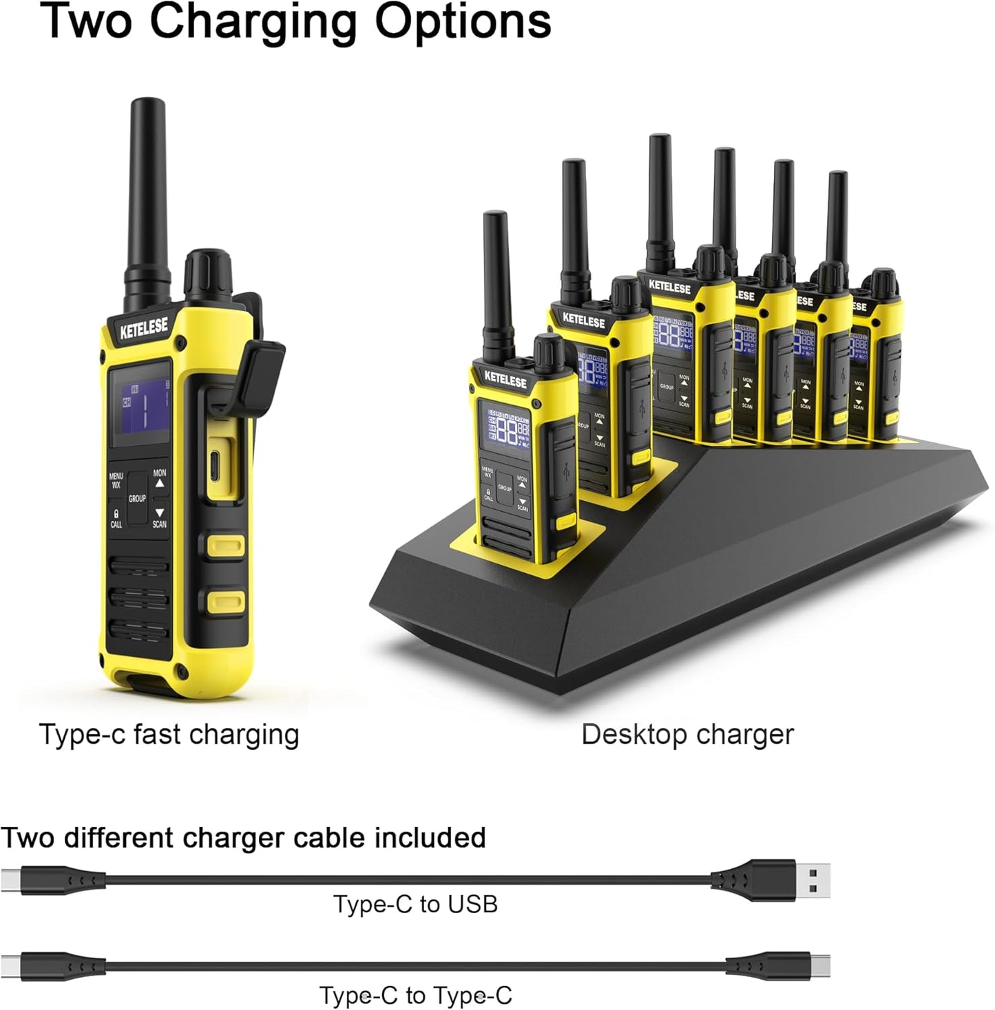 KETELESE T3F IP67 Waterproof Walkie Talkies, Rugged Two Way Radio with Earpiece, Triple Proof, Three Charging Options, FRS 2 Way Radio, NOAA, VOX (6 Pack), Black/Yellow