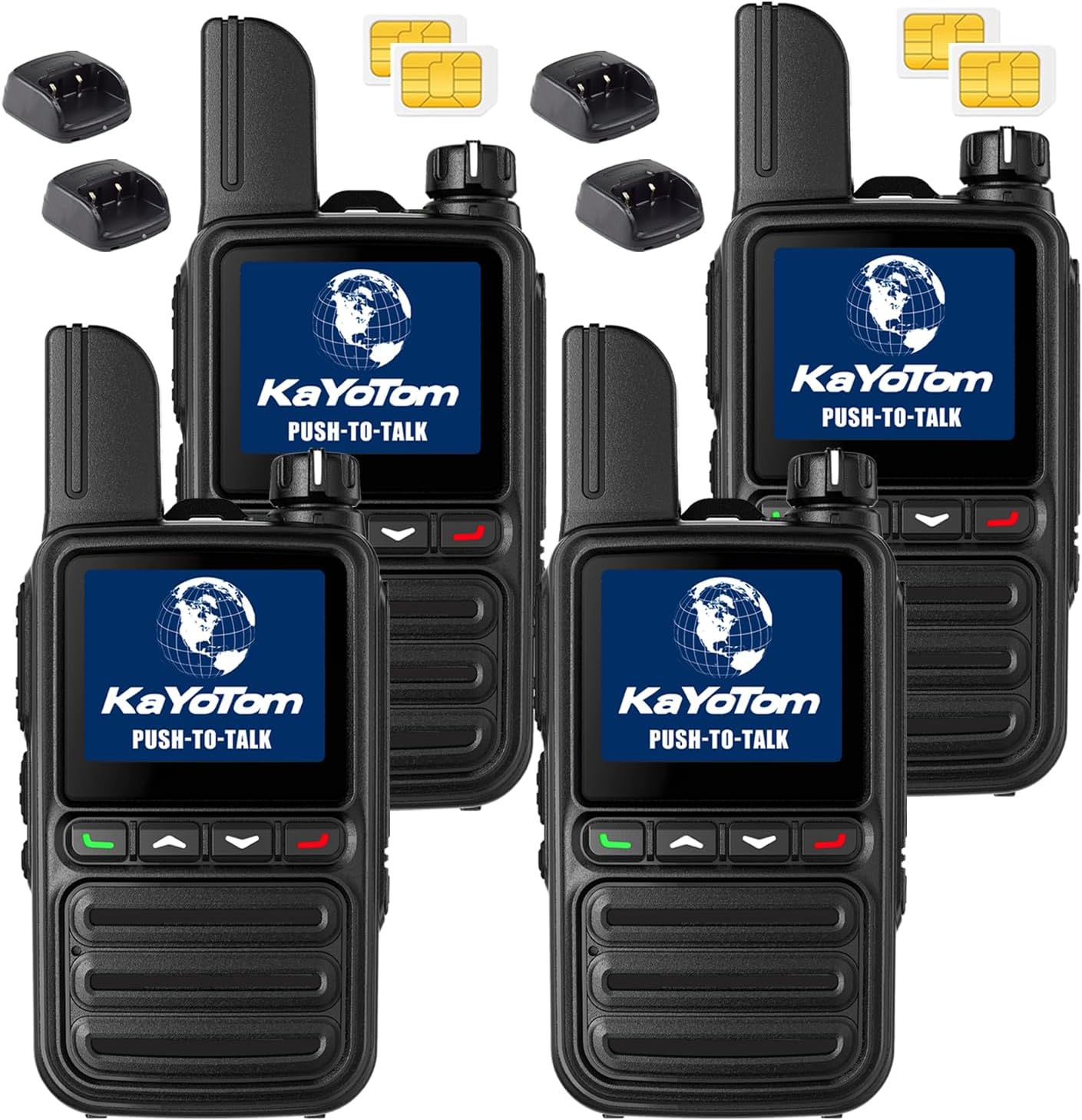 KAYOTOM Global Walkie Talkies Unlimited Range PTT Push-to-Talk Over Cellular Nationwide 5000 Miles POC 4G Handheld Long Range Two Way Radio for Team (with Charge Dock, 4-Packs)