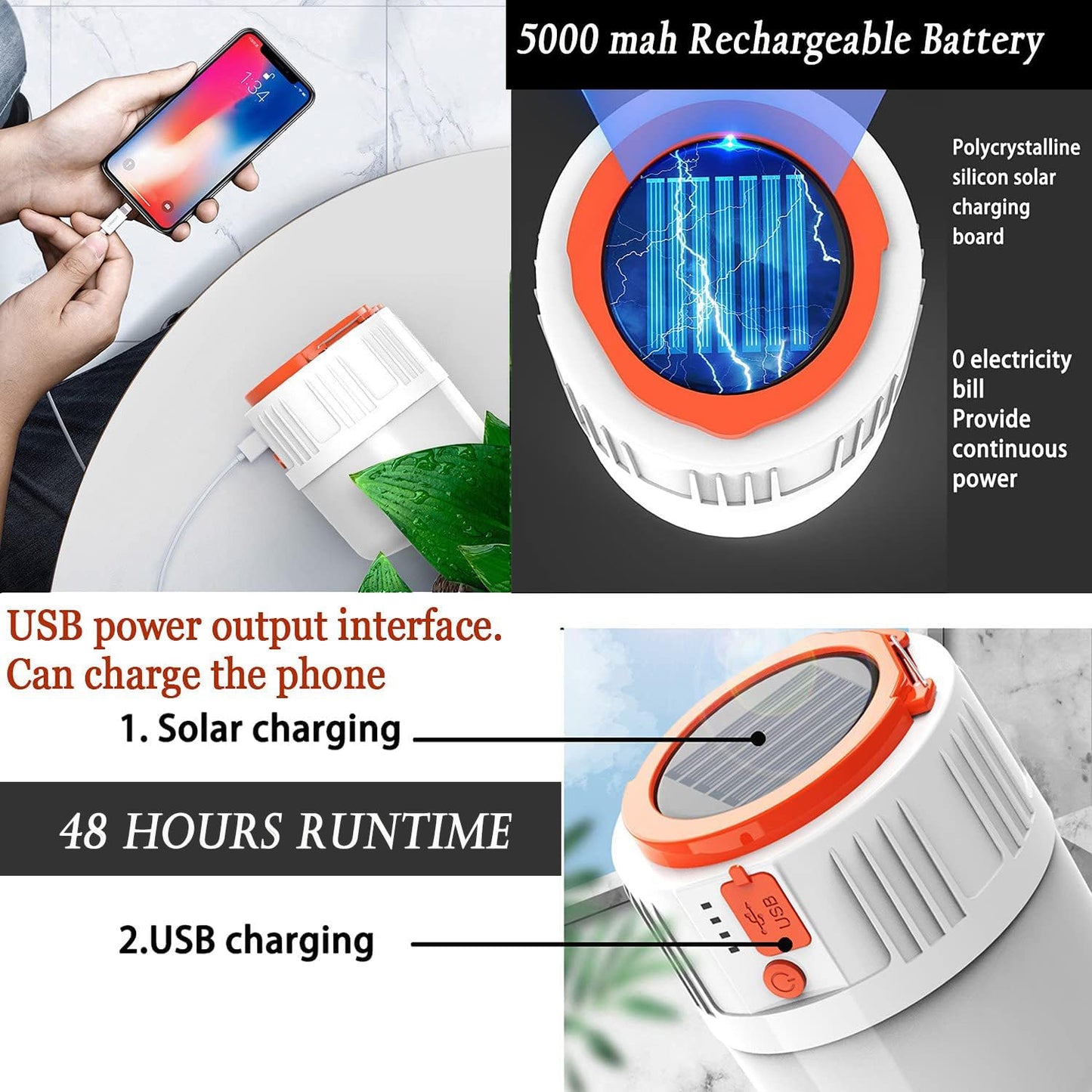 100W Solar Camping Lights Portable Rechargeable Lantern Hooked Hanging Tent Lamp Remote Battery Bulbs Outdoor 5000mah 5 Modes Waterproof for Power Outages Canopy Vendors Gathering Emergency 2 Pack