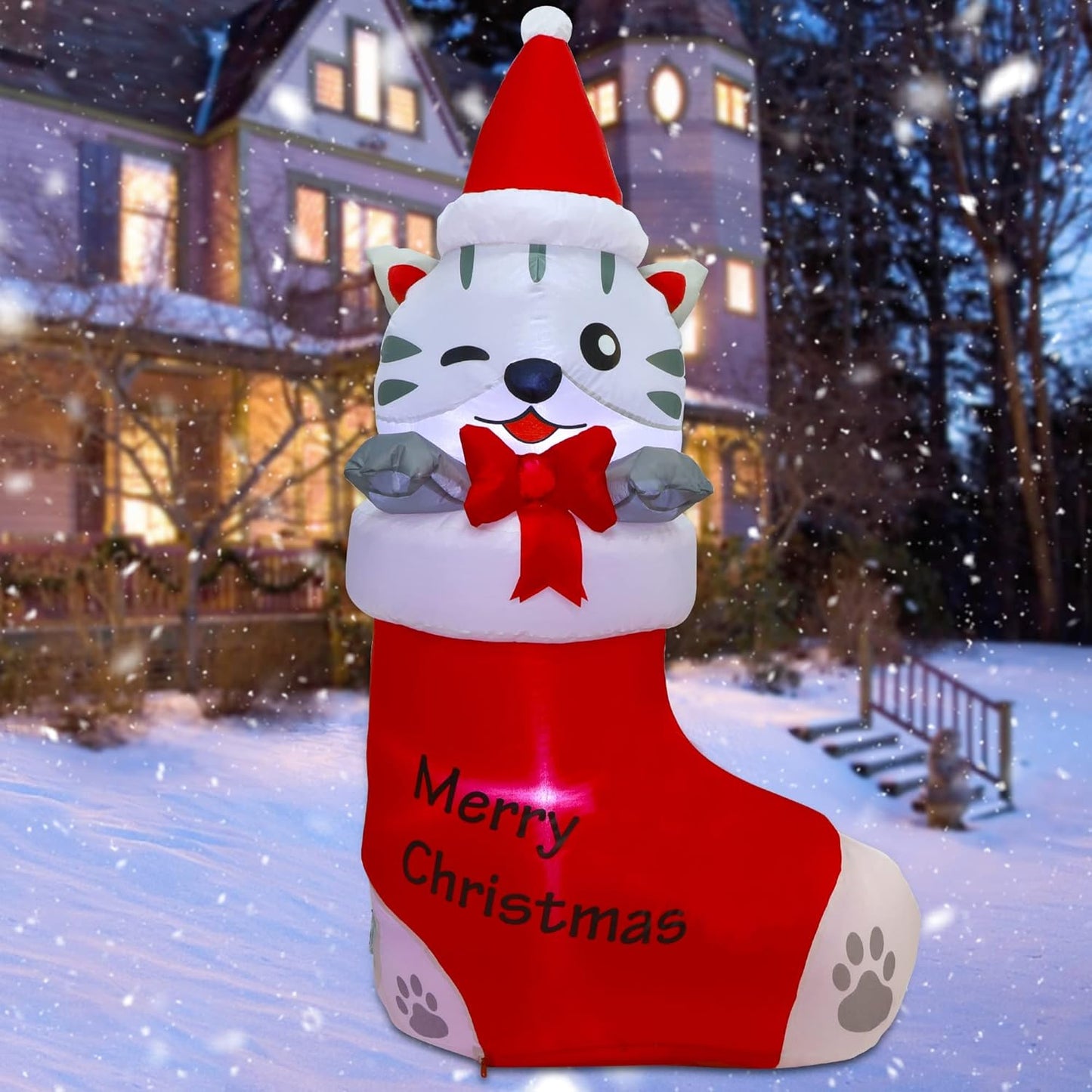 Juegoal 5 FT Christmas Inflatables Outdoor Decorations, Inflatable Kitten in Xmas Stocking, Lighted Blow Up Cat Standing on Christmas Socks with Built in Lights for Holiday Lawn Yard Garden Decor