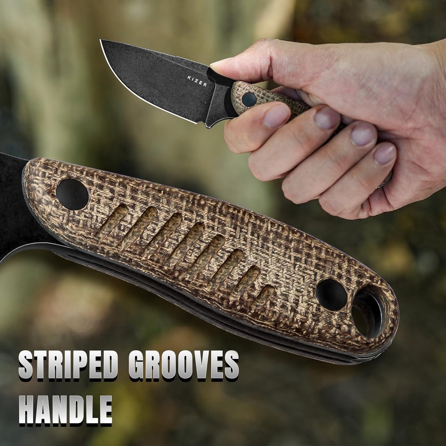 Kizer Hare Fixed Blade Knife with Sheath, 3.14" D2 Steel Blade EDC Hunting Knife with Burlap Micarta and Black G10 Handle, Small Survival Knives, Outdoor Camping Knives for Men Women 1077M3