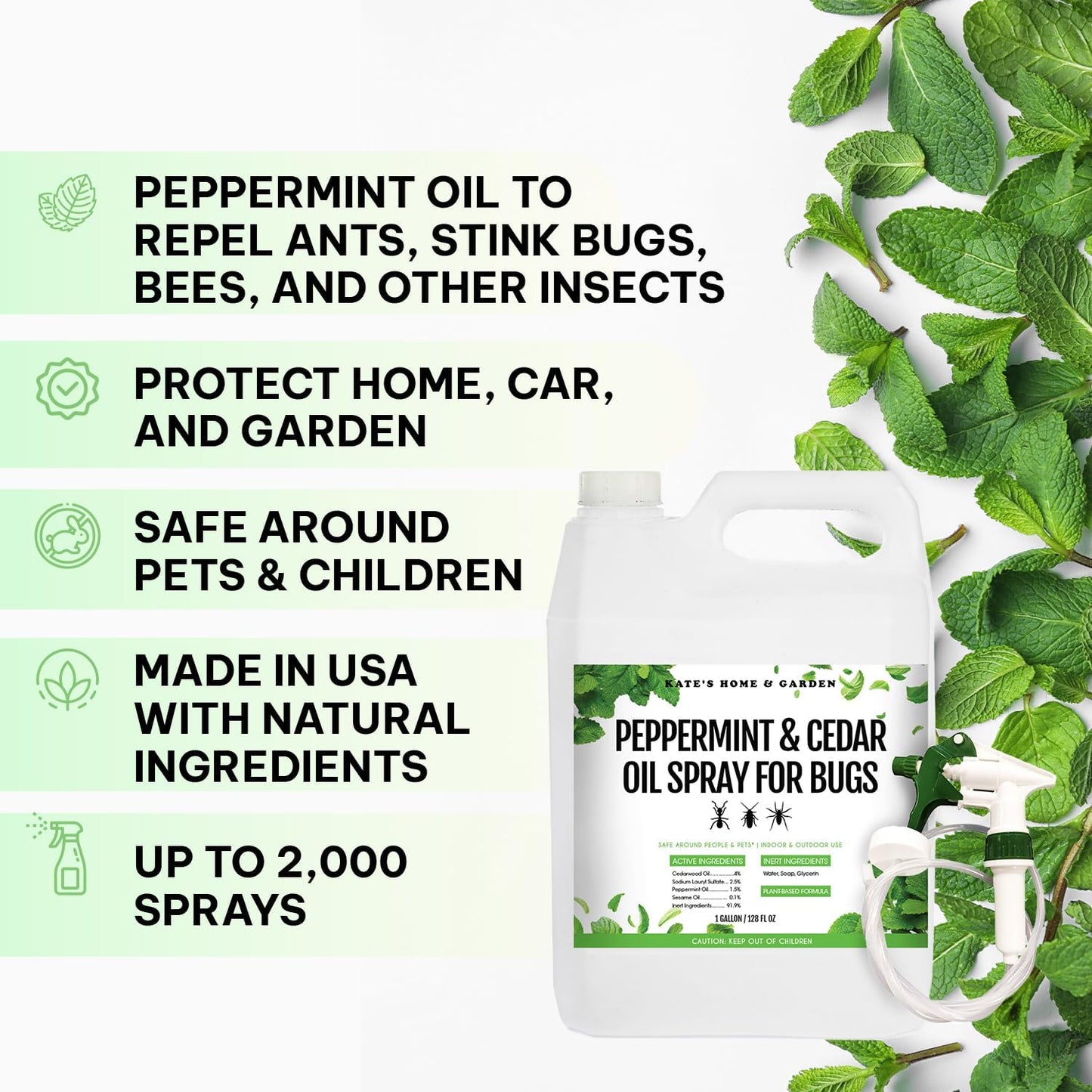 Kate's Home & Garden Peppermint Oil Spray for Bugs, Ants, Insects, Spiders, Stink Bug. Pesticide and Insecticide Indoor Repellent Pest Control with Cedarwood Oil (Gallon, Natural, Pet Safe, Non Toxic)