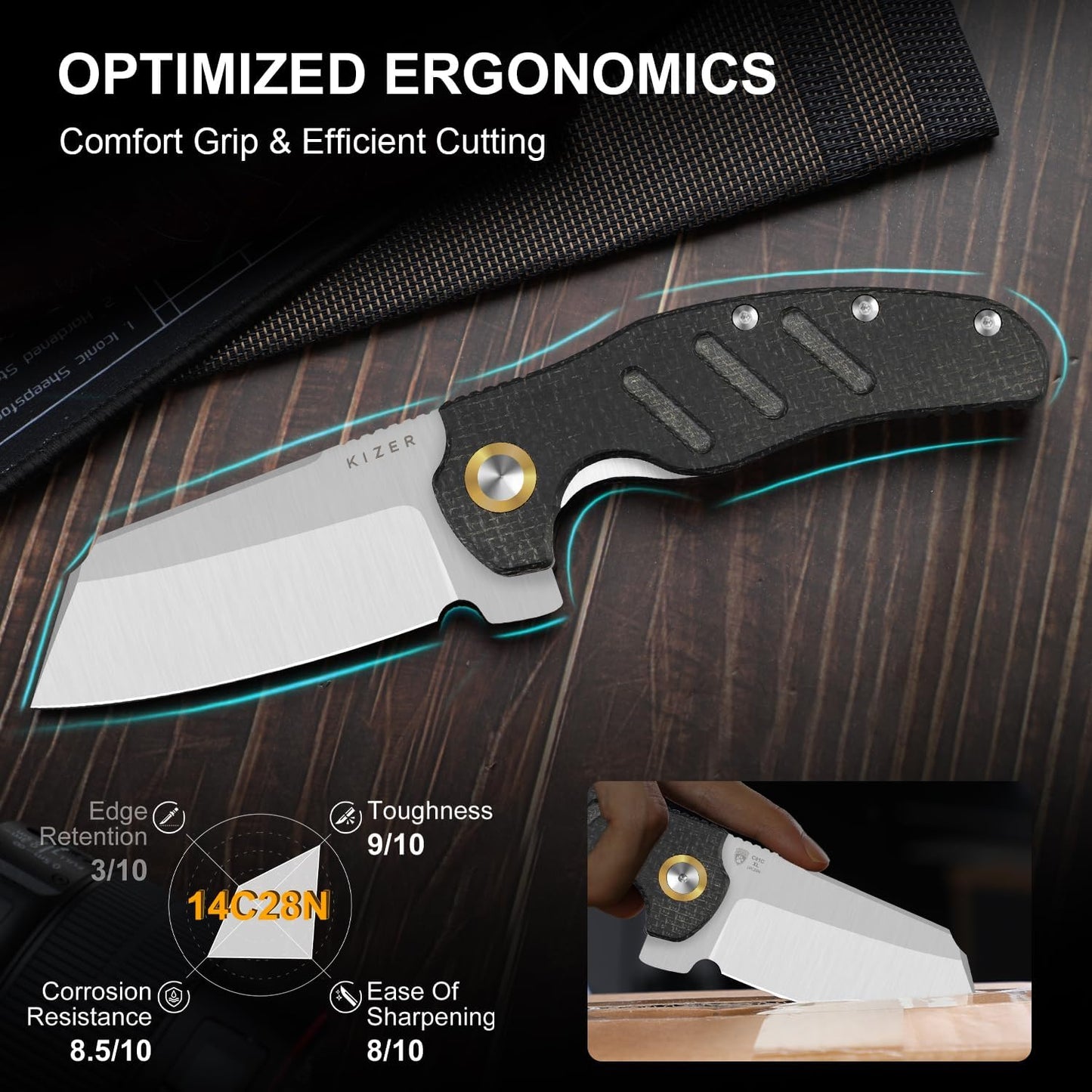 Kizer C01C XL Sheepdog Pocket Knife, 3.9" 14C28N Sheepsfoot Blade EDC Folding Knife with Black Burlap Norplex UltreX™ Micarta Handle, Liner Lock, Flipper, Camping Knives for Men Women, V5488M2